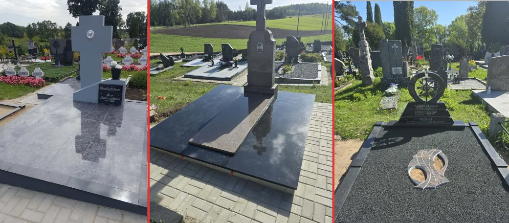 Tvarkinga kapavietė su paminklu, borteliais ir dekoratyvine skalda